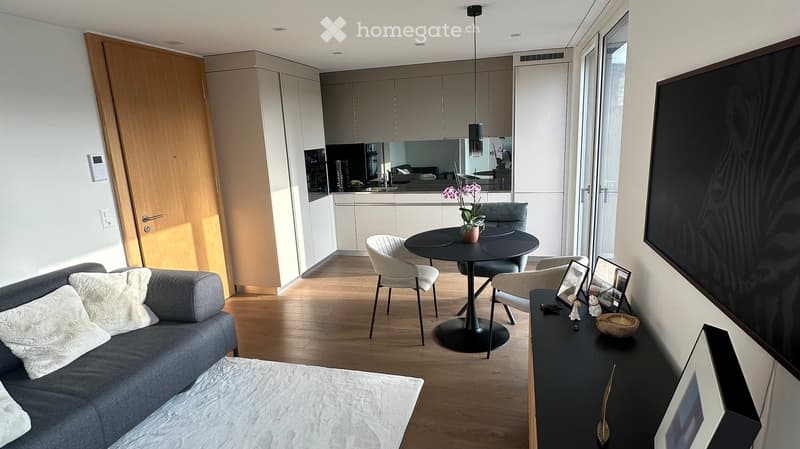 Modern living room with grey sofa, coffee table, dining area with round table and chairs, and a small kitchen area visible in the background.