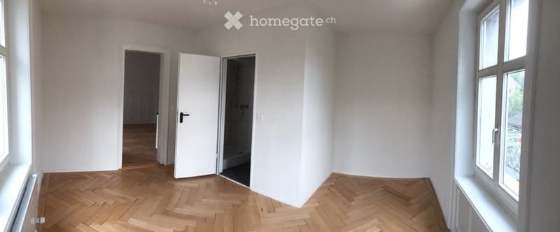 Empty room with wooden herringbone flooring, white walls, and large windows. Open doorway leads to another room with visible radiator.
