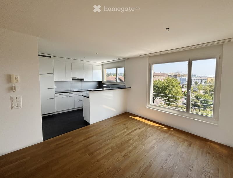 Modern kitchen with white cabinets, a black countertop, and a wooden floor. Large windows offer a view of the outside area.