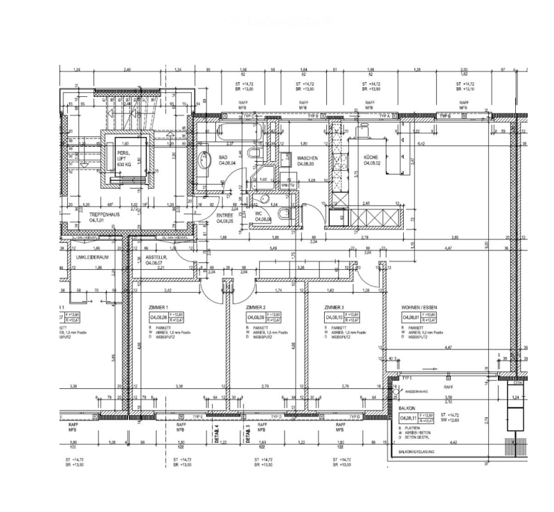 Floor plan of a multi-room apartment including living/dining area, three bedrooms, kitchen, bathroom, hallway, and balcony.