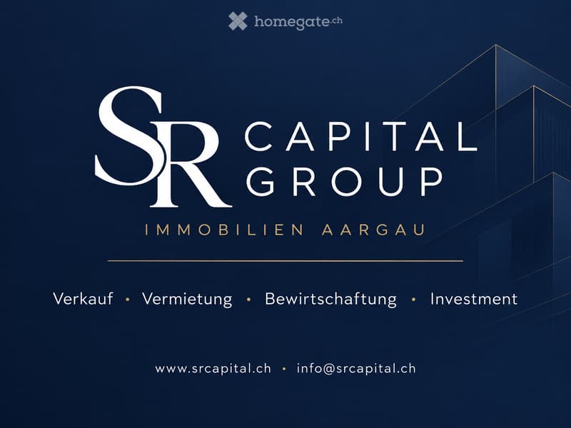 Logo and contact information for SR Capital Group Immobilien Aargau, a real estate company offering services in sales, rental, management, and investment.