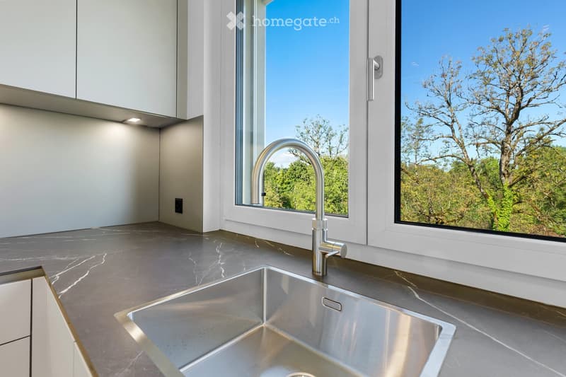 Modern kitchen with a sleek stainless steel sink and faucet, large windows offering a scenic view of trees and greenery.