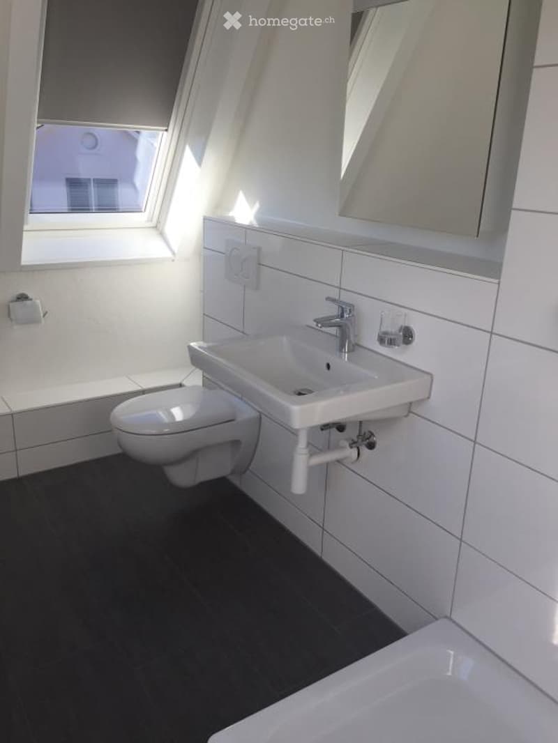 Modern bathroom with white tiles, a toilet, a sink with a chrome faucet, a mirror, and a cup on the sink counter. The room features a skylight window and a dark grey floor.