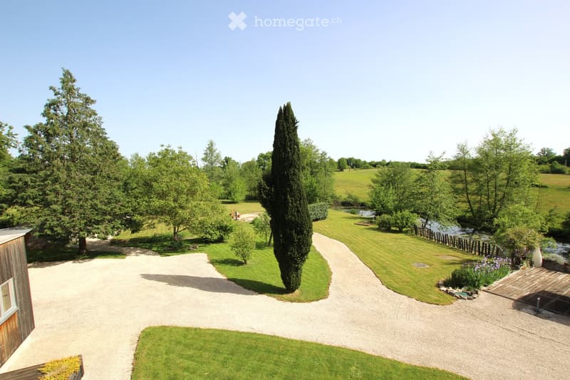 A well-maintained garden with a gravel driveway, tall trees, a pond, and neatly trimmed grass.