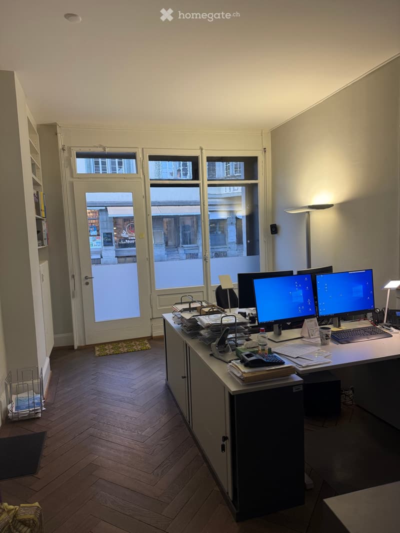 large windows, hardwood floor, large desk with computers, printer, lamp, shelves with books, small decorative rug