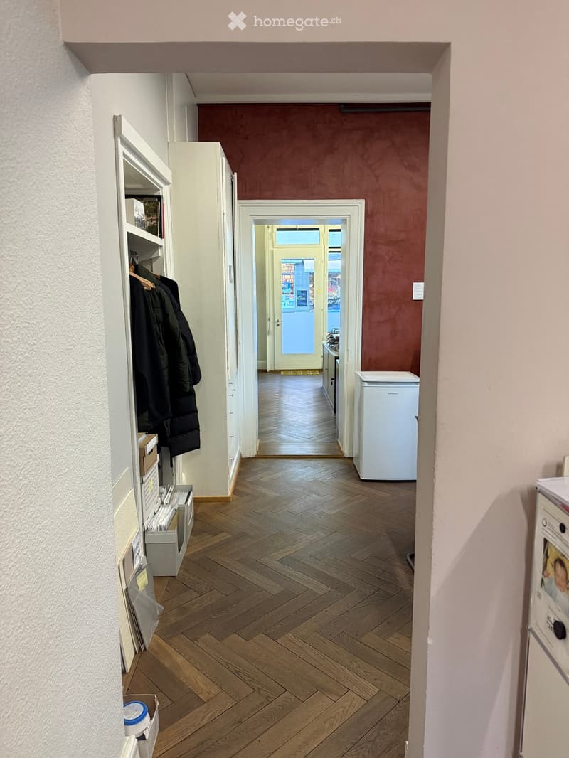 narrow hallway, wooden parquet flooring, red wall, white wall, wardrobe, cabinet, coat hanger, bucket, drawers, fridge
