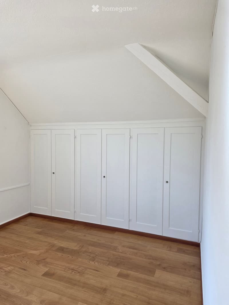 An empty room with wooden flooring and white built-in cabinets along one wall. The ceiling has a sloped design typical of an attic space.