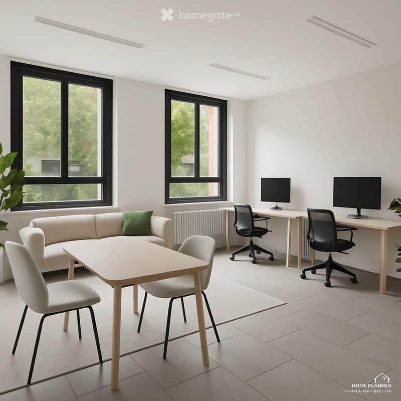 Bright, modern room with white walls and large windows. Features a white sectional sofa with green pillow, a small coffee table with two chairs, and two desks with computer monitors and office chairs.