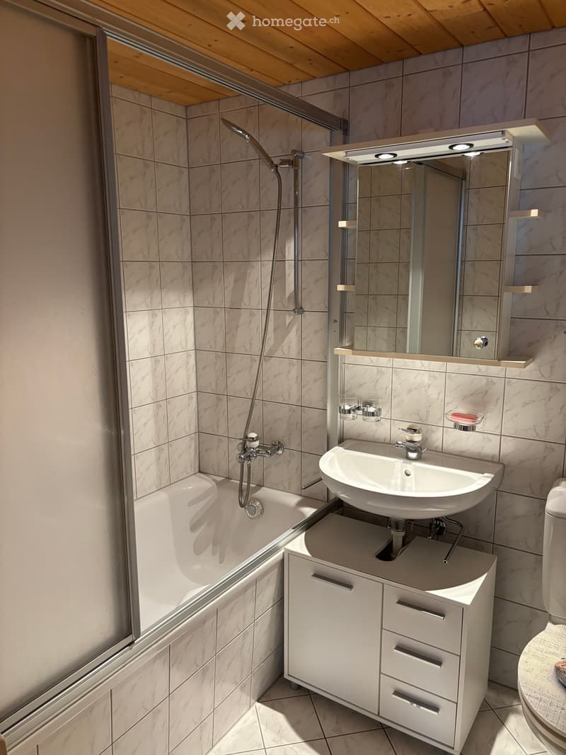 Modern bathroom with marble tiles, a bathtub, a sink with a cabinet, a mirror, and a toilet.