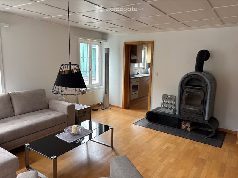 Modern living room with light wooden flooring, a grey sofa, a black coffee table with a candle, a stylish black lamp, and a modern wood-burning stove.