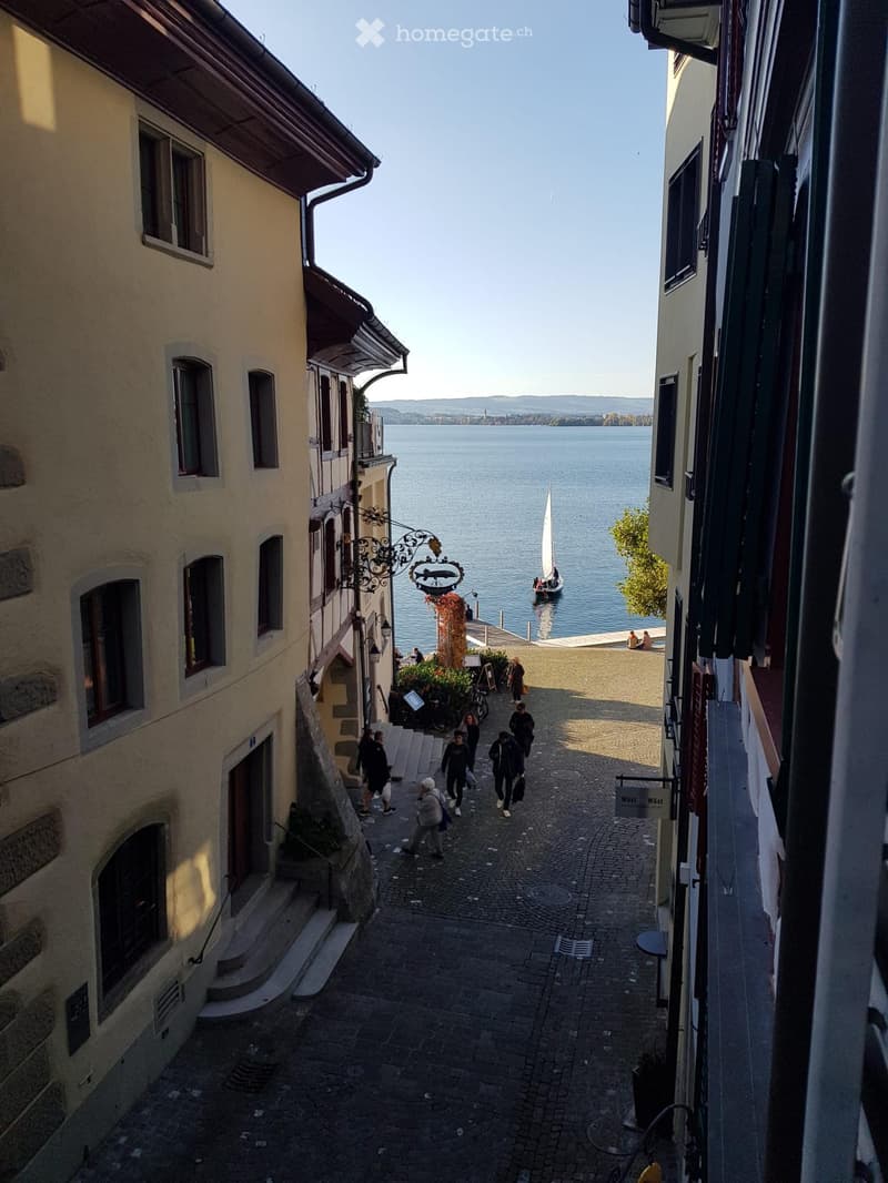 A narrow cobblestone alleyway lined with buildings, leading to a waterfront view with a sailboat on the lake.