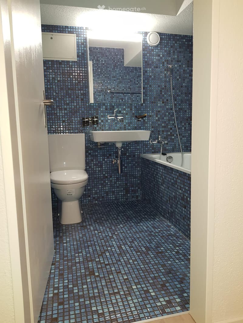 Bathroom with blue mosaic tiles on walls and floor, white toilet, sink, and bathtub, and a mirror above the sink.