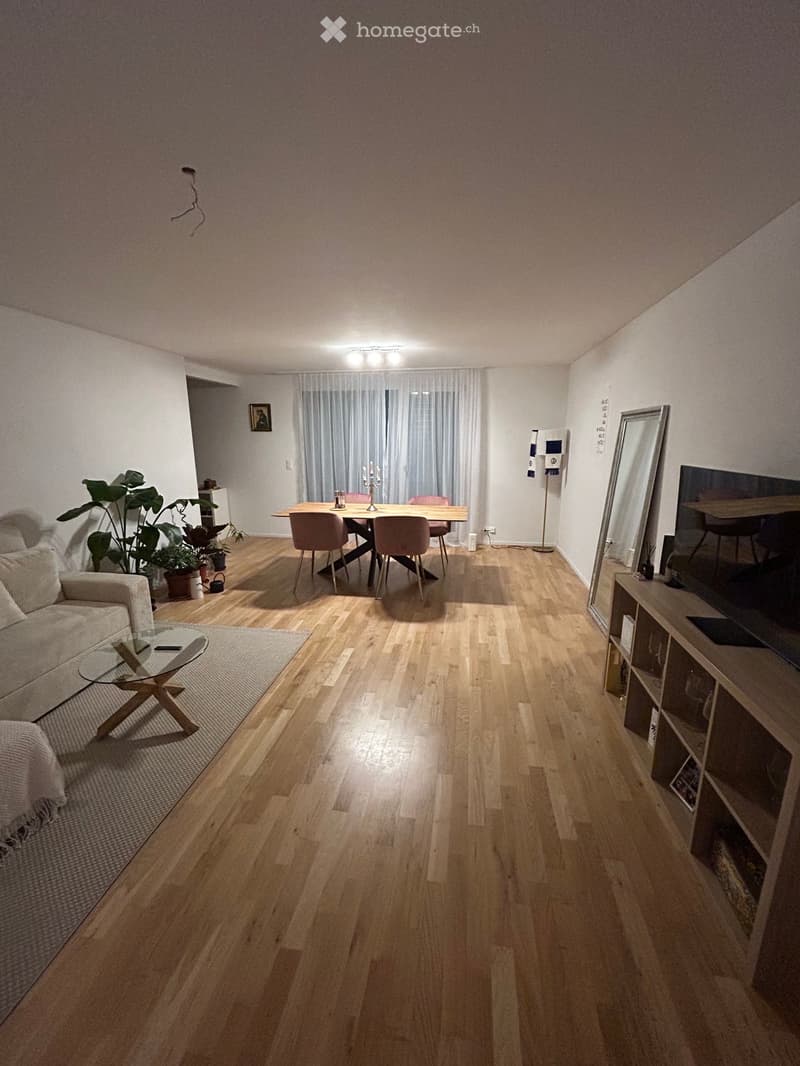 Spacious open floor plan with living room and dining area, wooden floor, large windows, picture frame, sofa, glass coffee table, sideboard, television, potted plants