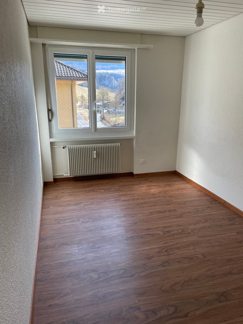 Empty room with wooden flooring, white walls, a window with a view of the landscape, and a radiator below the window.