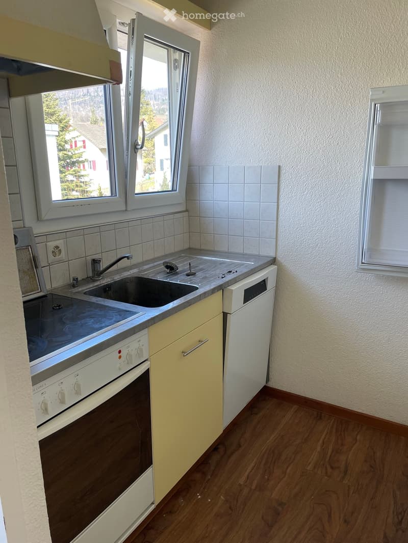 Modern kitchen with light yellow cabinets, stainless steel sink, oven, and dishwasher. Features wooden flooring and large windows with a view of the surrounding area.