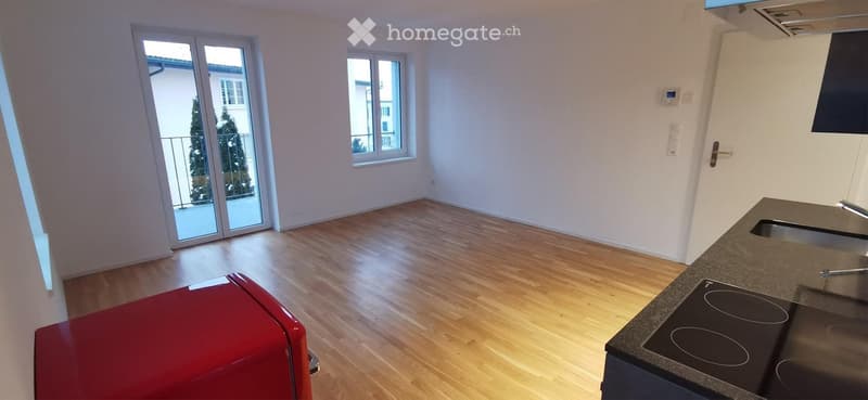 Modern kitchen with wooden flooring, large windows, and a balcony access door. Features a red refrigerator and an induction stove.