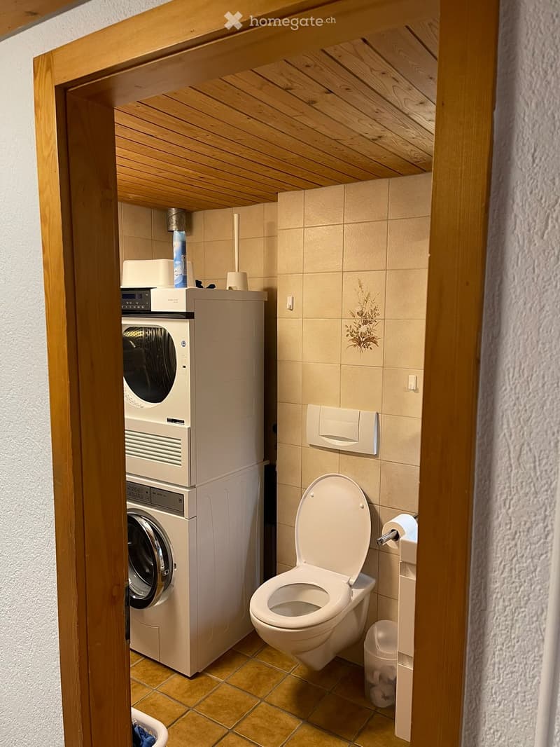 Compact bathroom with a toilet, washing machine, and tiled walls.