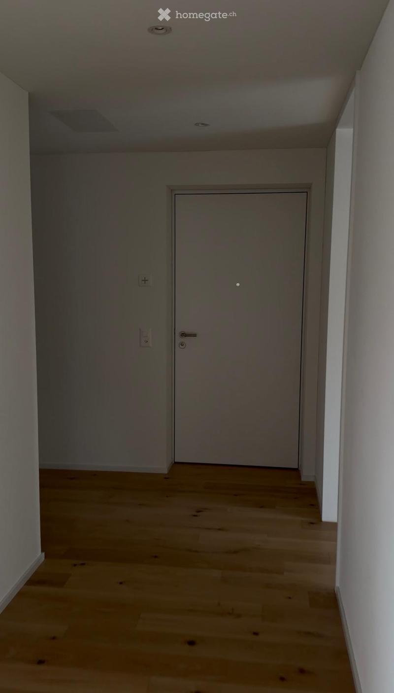 Empty hallway with light wooden flooring, white walls, and a single closed door.