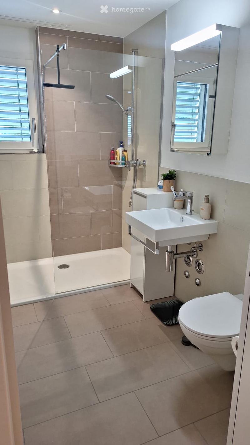 Modern bathroom with beige tiles, a bathtub, a shower with glass enclosure, a sink with a mirror, and a toilet. The space includes a small plant on the sink counter and a shower shelf with toiletries.