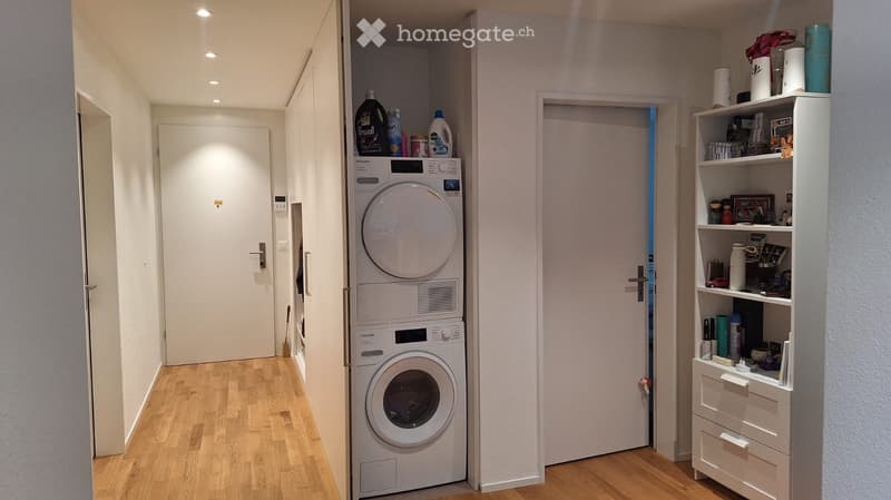 A narrow hallway with wooden flooring, white walls, and recessed lighting. Features a built-in washing machine and dryer unit, a shelf with various items, and a broom leaning against the wall.