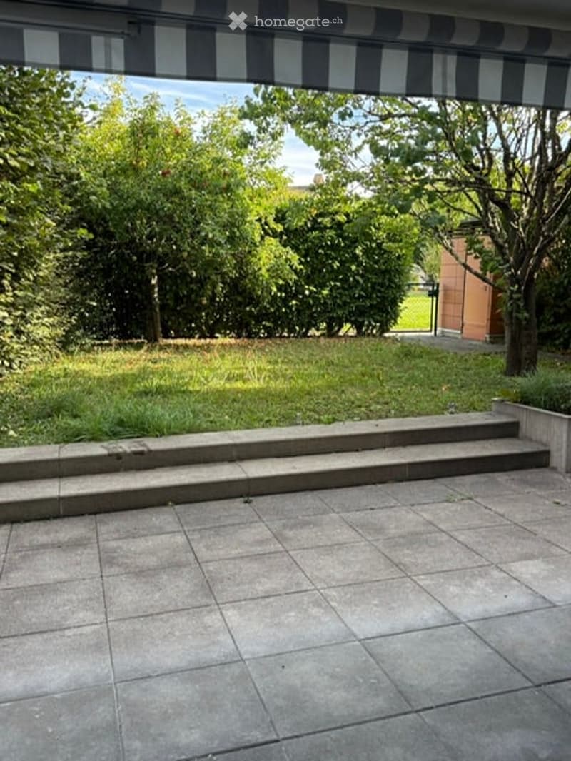 Outdoor patio with concrete tiles, steps leading up, grassy area, trees, and a small building in the background.