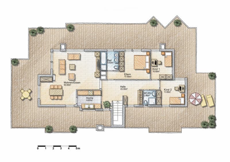 Floor plan of a house with living/dining area, kitchen, two bedrooms, bathroom, hallway, and WC/DU.