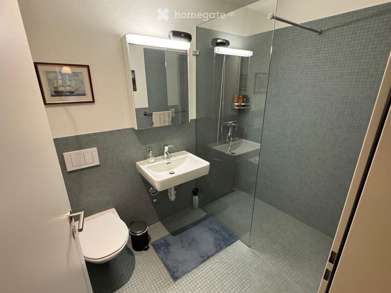 Modern bathroom with a white toilet, sink, and mirror, a glass-enclosed shower, and a blue bath mat.