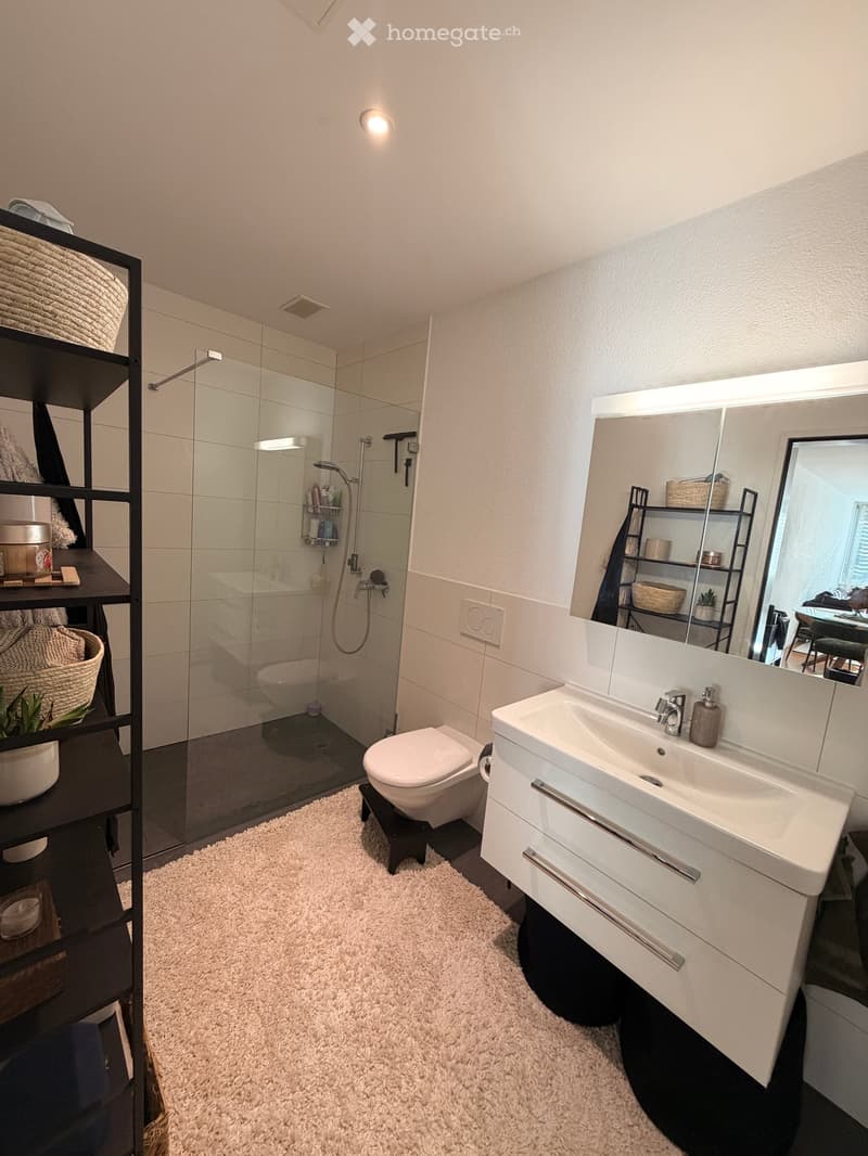Modern bathroom with white tiles, a large sink with a mirror, a toilet, a glass-enclosed shower, and a black shelving unit with decorative items.