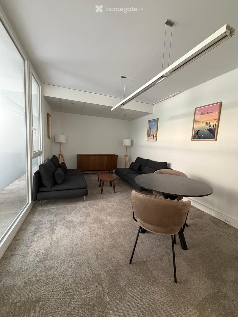 Modern living room with grey carpet, large windows, two sofas, a coffee table, a dining table with chairs, a wooden cabinet, and floor lamps.