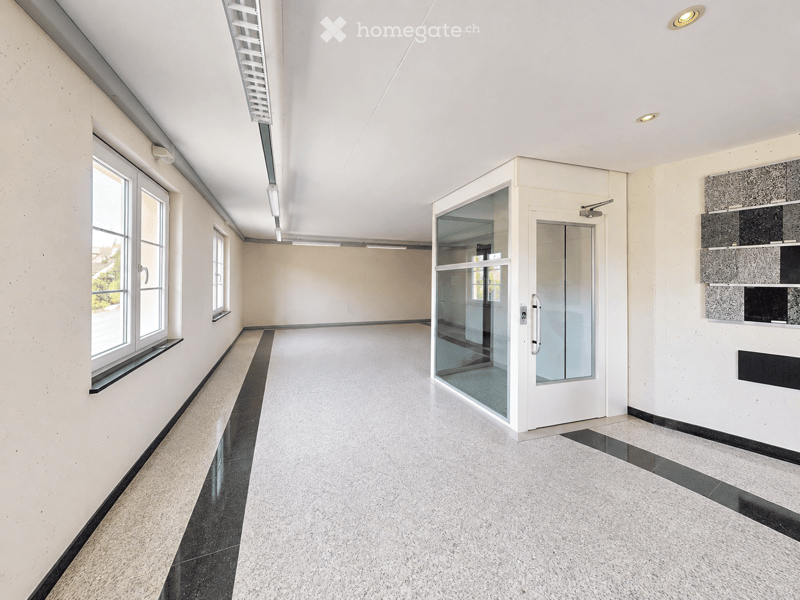 Empty hallway with white walls, large windows, and a glass door at the end. The floor is tiled with a mix of light and dark tiles.