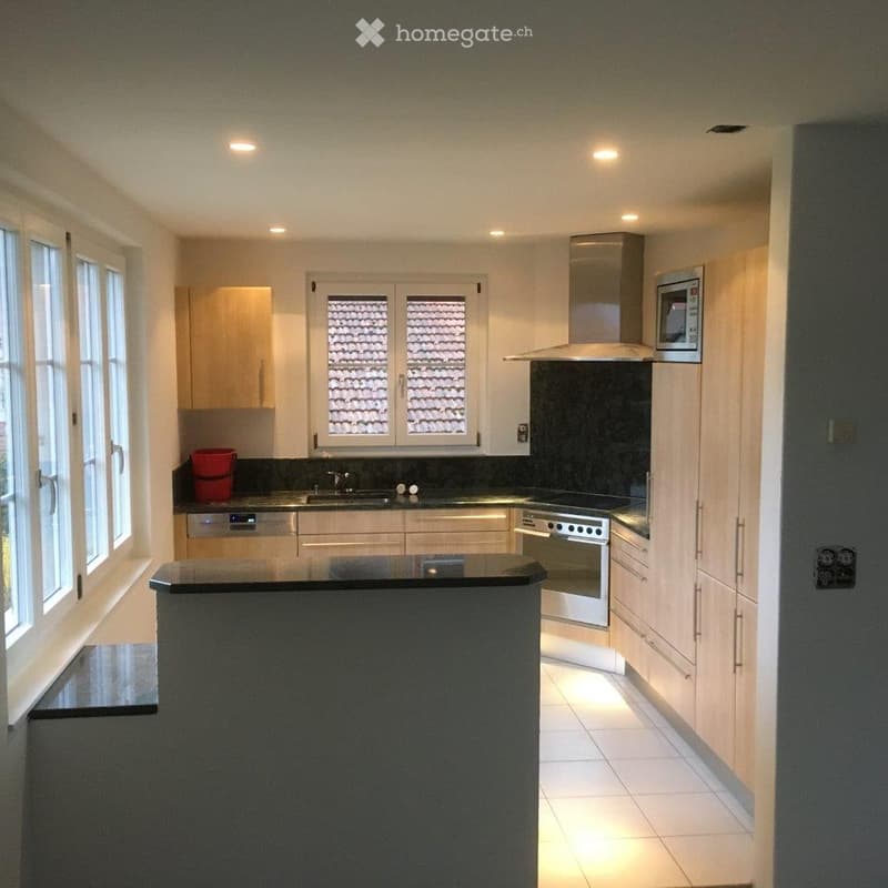 Modern kitchen with light wood cabinets, stainless steel appliances, island, and large windows.