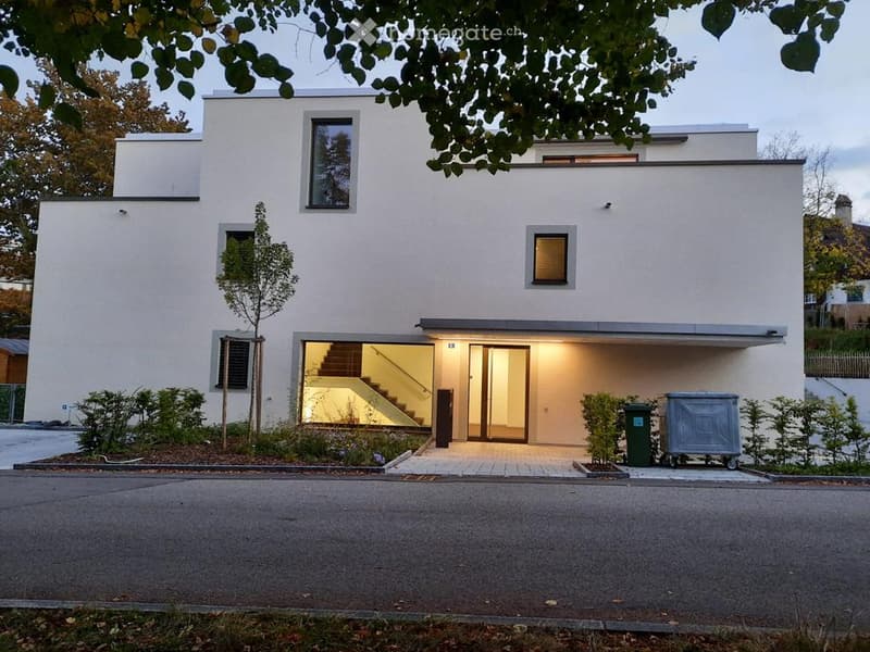 Modern two-story house with white facade, large windows, and a raised ground floor entrance. The house features a sleek design with minimalistic architecture and a small garden area in front.
