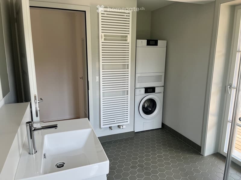 Modern bathroom with a white sink, chrome faucet, a white washing machine, and a radiator. The floor features hexagonal tiles.
