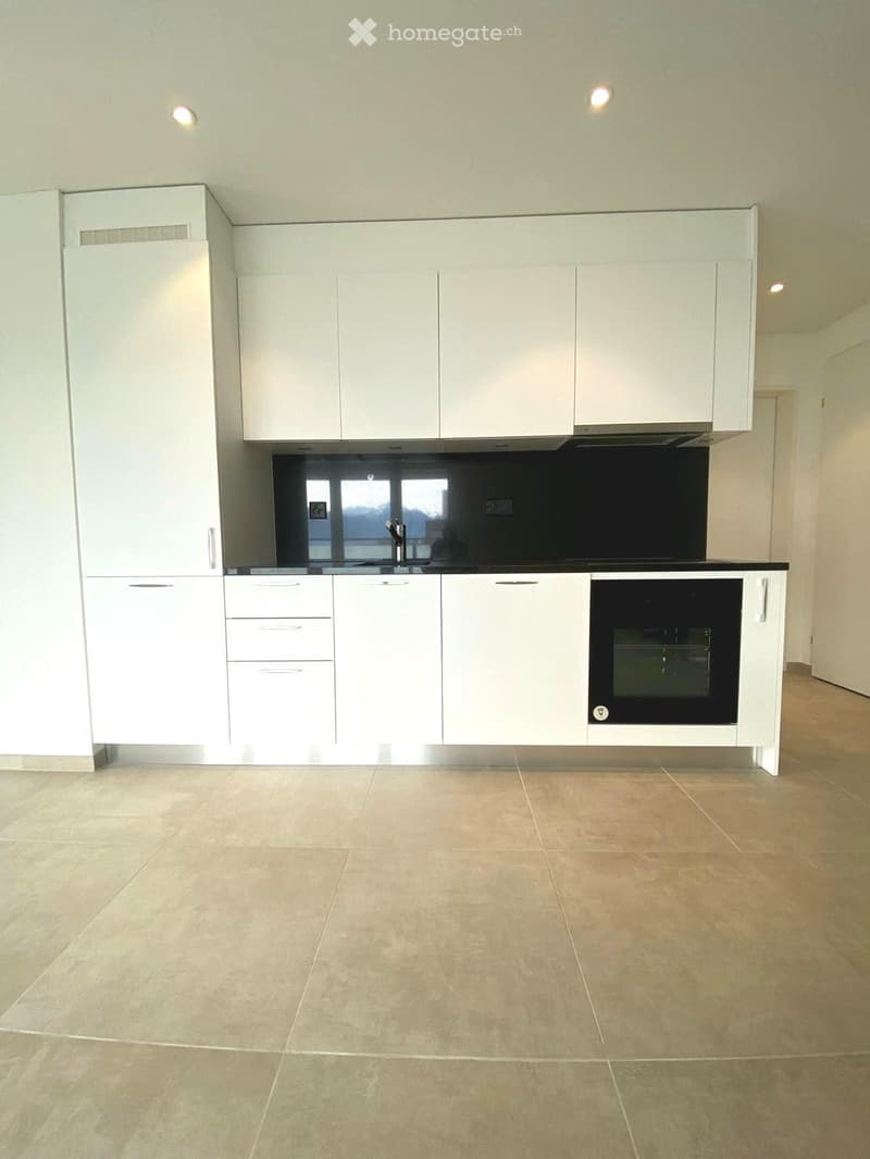 Modern kitchen with white cabinets, a built-in oven, and a sleek black countertop.