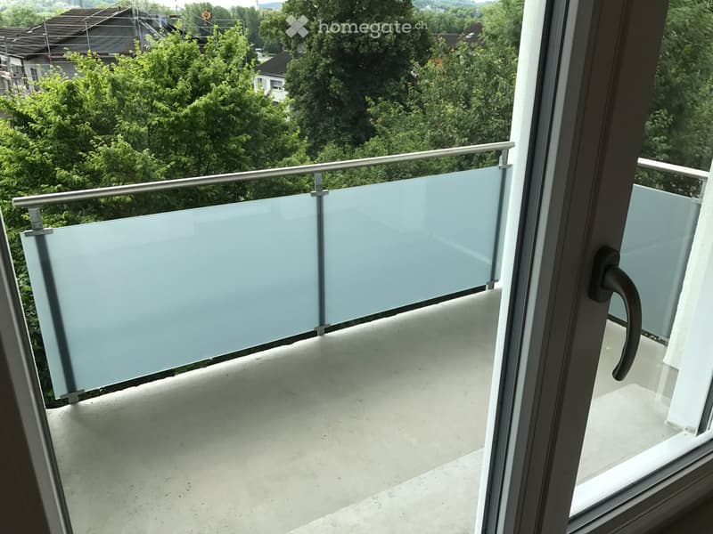 Balcony with glass railing, metal handrail, and a view of greenery and houses.