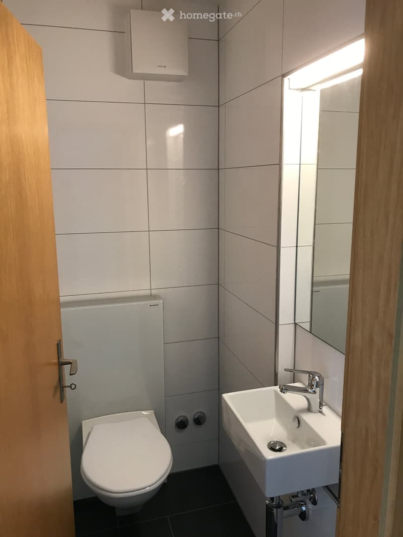 Modern bathroom with white tiled walls, a toilet, a sink with a chrome faucet, and a mirror above the sink. The door is partially open, revealing a wooden frame.