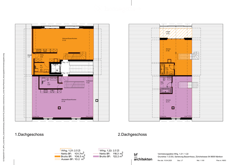 Floor plan of two apartments on the roof level, each with living/dining/kitchen area, bedrooms, bathrooms, and loggia.