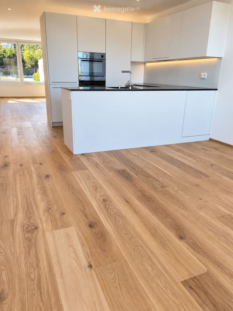 Modern kitchen with light grey cabinets, a central island, and a black countertop. The floor is made of light wooden planks.