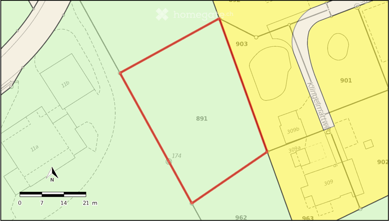 Property plot map showing lot number 891 with surrounding lots and road labeled Klingerlmatweg.