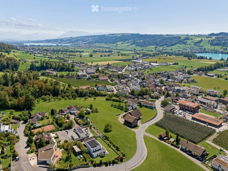Aerial view of a small village with houses, green fields, and a lake in the background.