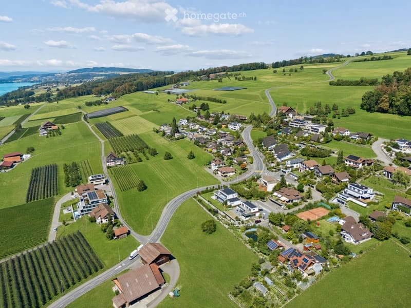 Aerial view of a rural village with scattered houses, green fields, vineyards, and a road network.