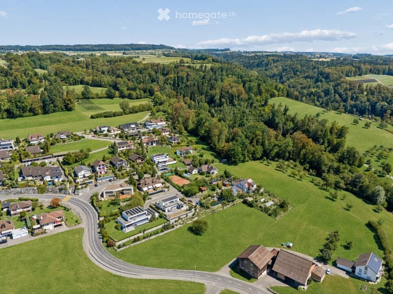 Aerial view of a residential area with multiple houses, surrounded by green fields and trees. Houses have varied architectural styles and are connected by roads.