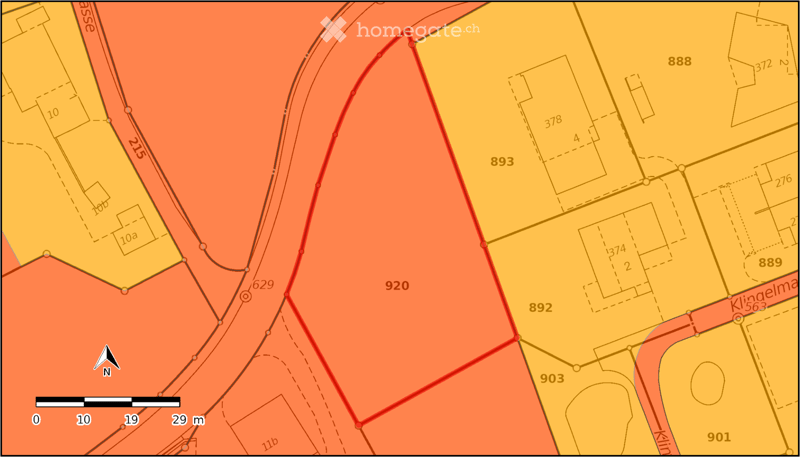 Topographic map showing property boundaries and surrounding land plots with numbered sections and labeled roads.