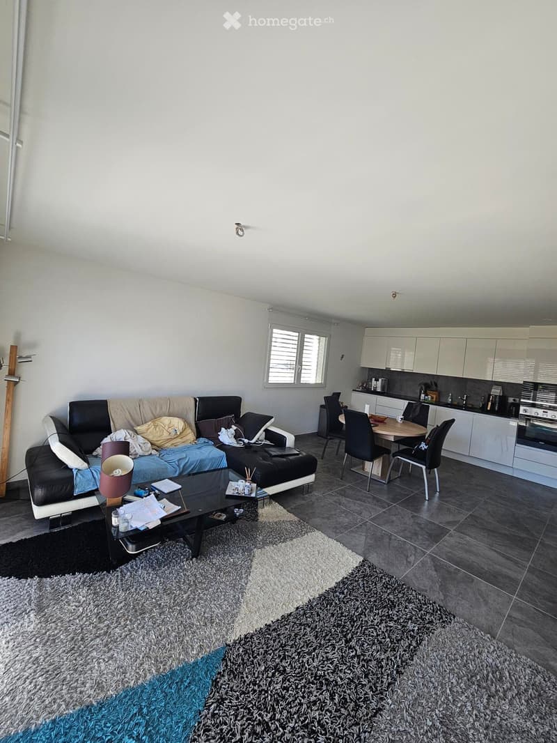 Modern living room with a black sofa, coffee table, dining area with chairs and table, kitchen area with cabinets, oven, and fridge. The room features a large window with blinds and a shaggy rug on the floor.