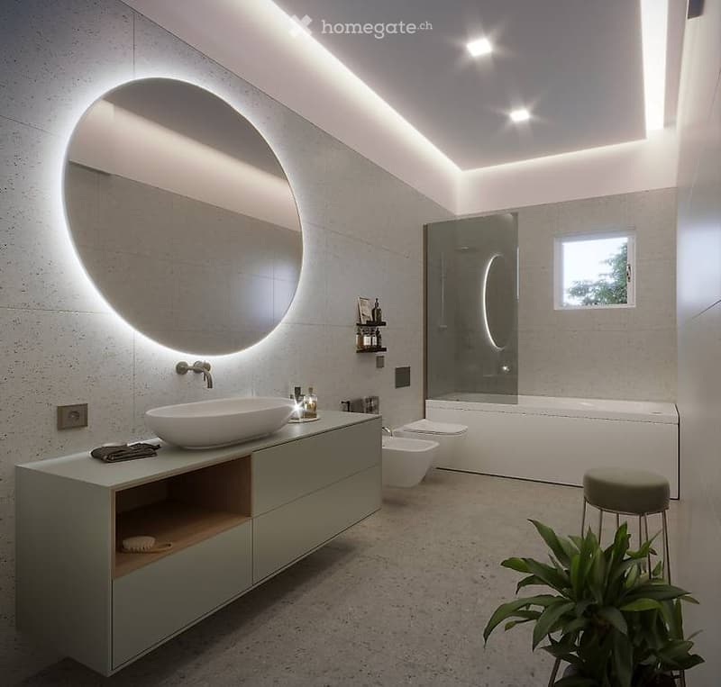 Modern bathroom with a large circular mirror, a white sink, a sleek faucet, a small stool, a plant, and a bathtub with a glass shower enclosure.