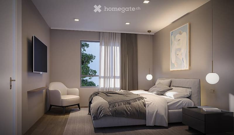 Modern bedroom with a large bed, white bedding, a white armchair, a nightstand, a picture frame on the wall, and a large window with curtains.