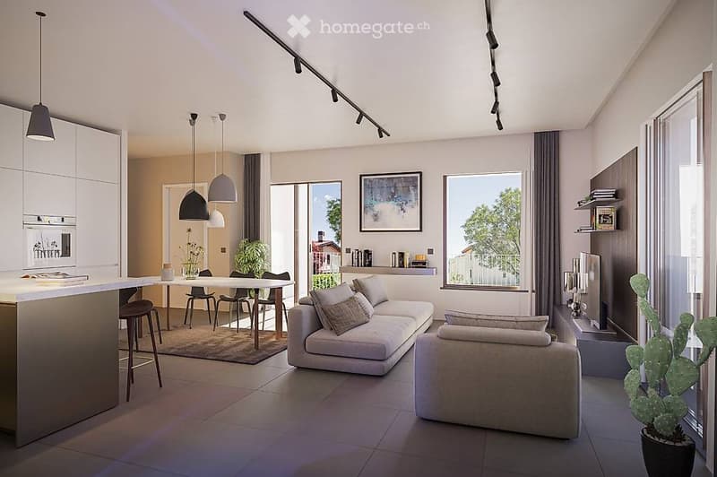 Modern open-plan living and dining area with a grey sofa, armchair, coffee table, dining table with chairs, kitchen island, pendant lights, bookshelf, and a potted cactus.