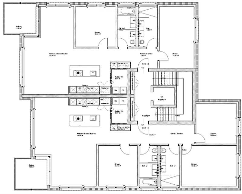 Floor plan of a multi-story building with multiple rooms including living areas, bedrooms, bathrooms, and service spaces.
