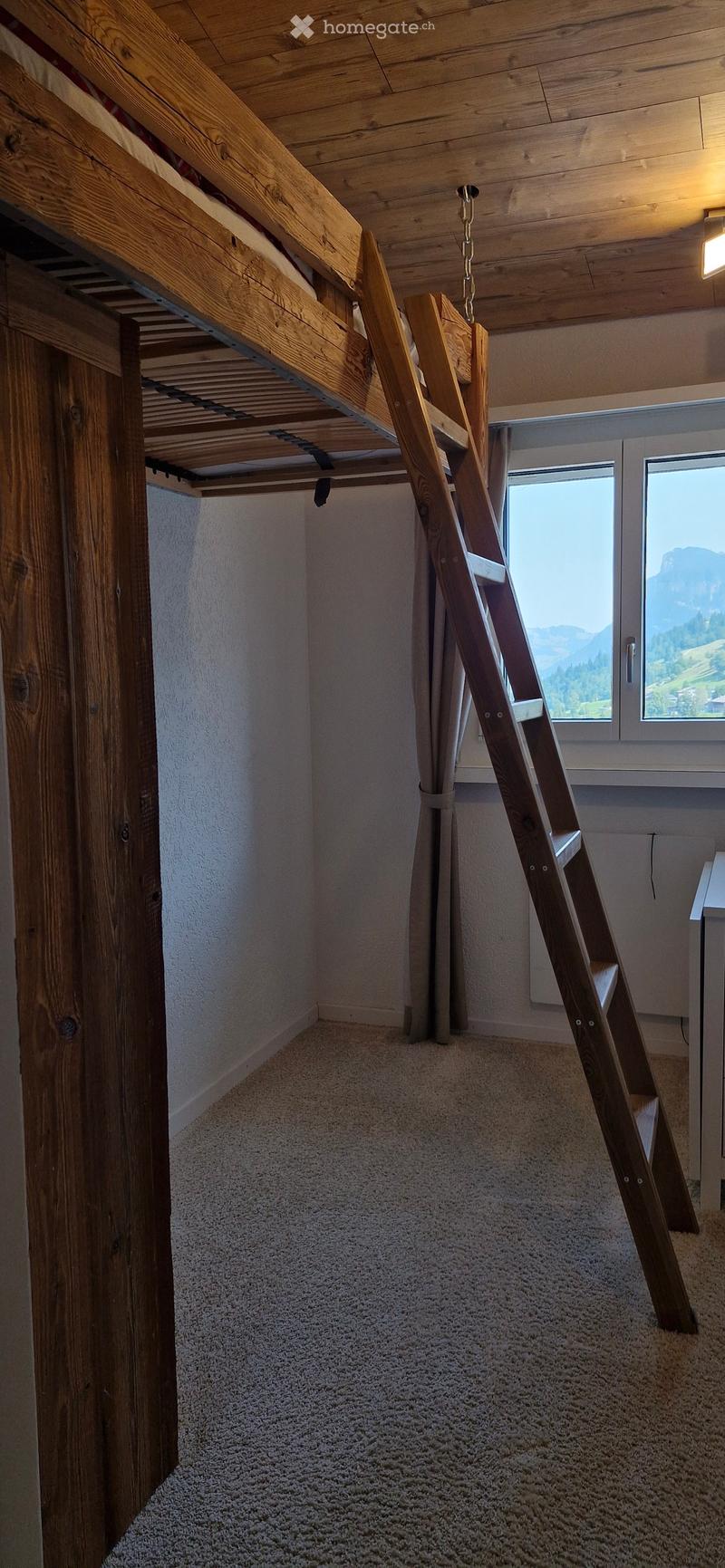 Empty room with wooden beams, carpeted floor, and a wooden ladder leading to an upper level. Large windows offer a scenic mountain view.