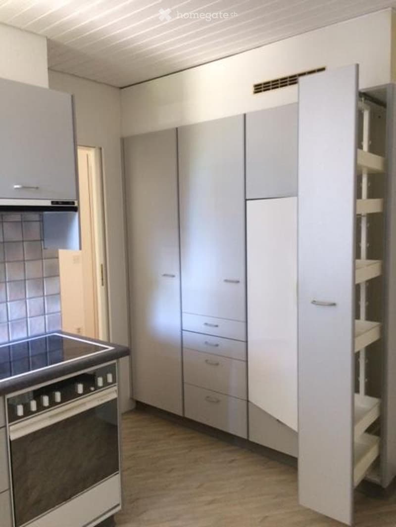 Modern kitchen with white cabinets, wooden floor, and built-in oven.